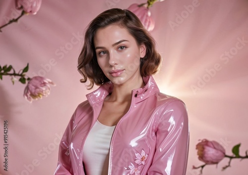 Beautiful woman in a pink latex jacket