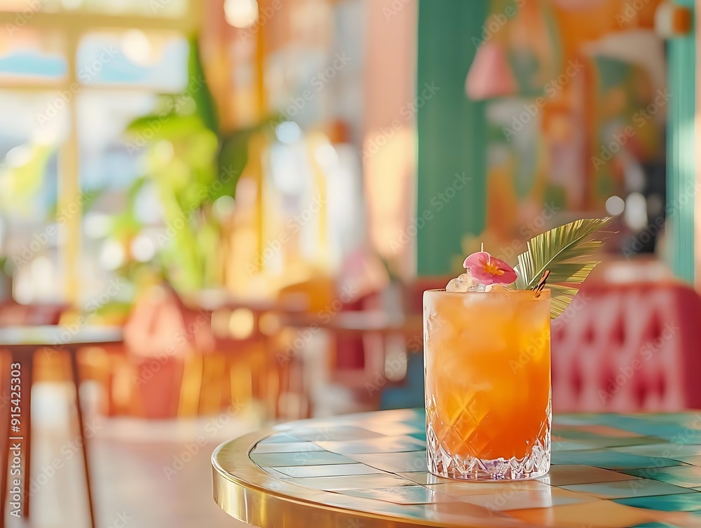 Tropical Cocktail in a Glass on a Table with a Blurred Background of a Restaurant - Photo Tropical Cocktail in a Glass on a Table with a Blurred Background of a Restaurant - Photo