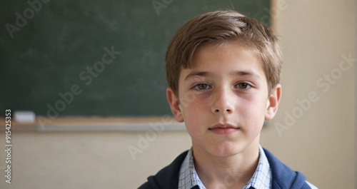 A boy in front of a blackboard at school