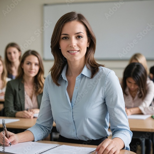 A teacher sits at a classroom desk