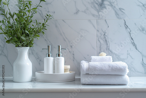 Elegant arrangement of high-end skincare and bath products displayed on a chic marble bathroom countertop.