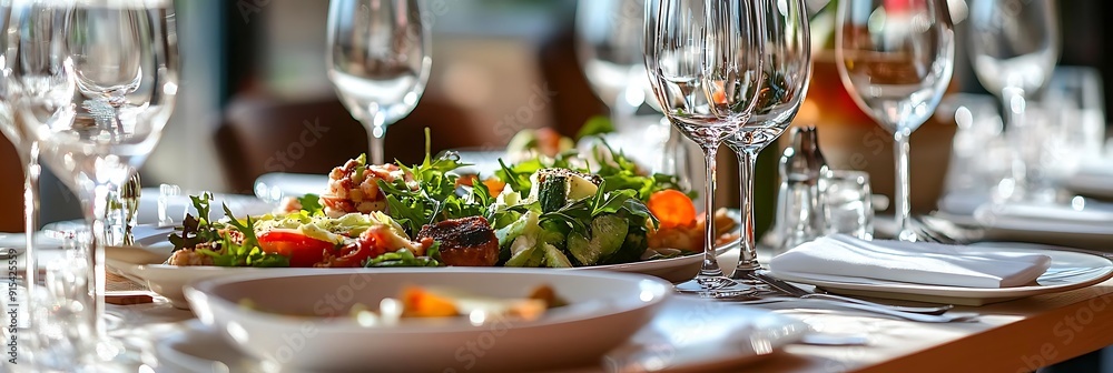Closeup of Salad and Wine Glasses on a Table - Photo