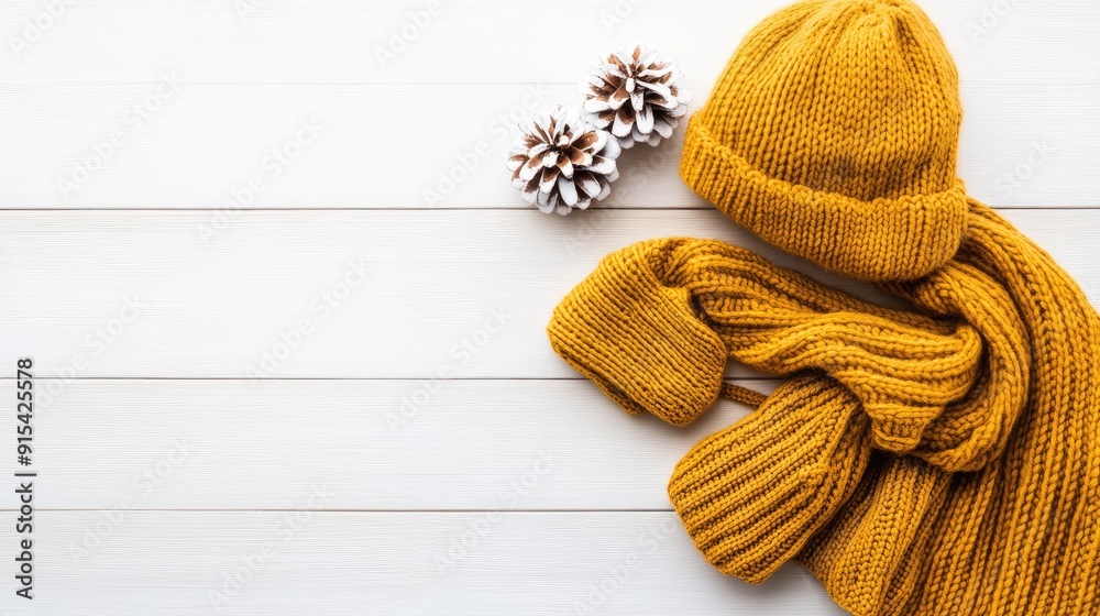A cozy winter display with a mustard yellow wool blanket, scarf, gloves, and hat arranged on a light wooden surface A cozy winter display with a mustard yellow wool blanket, scarf, gloves, and hat arranged on a light wooden surface
