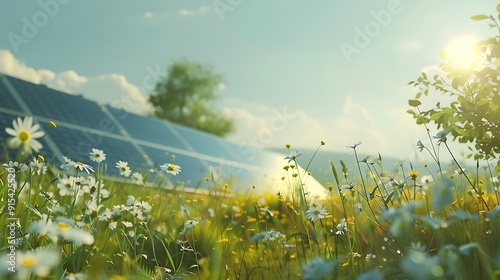 Fototapeta Naklejka Na Ścianę i Meble -  Sunny summer daytime with solar power panels and the natural landscape