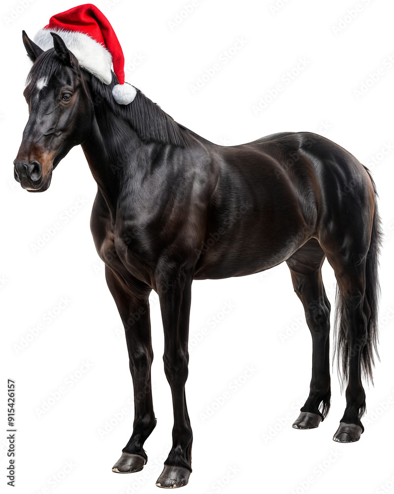 Obraz premium Majestic Black Horse Wearing Santa Hat for Christmas on Transparent Background, Festive Holiday Animal Theme