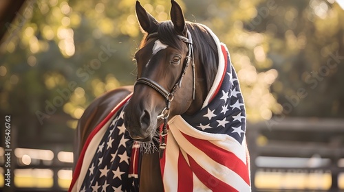 Patriotic Horse Draped in Stars and Stripes American Flag Blanket in Outdoor Farm Field