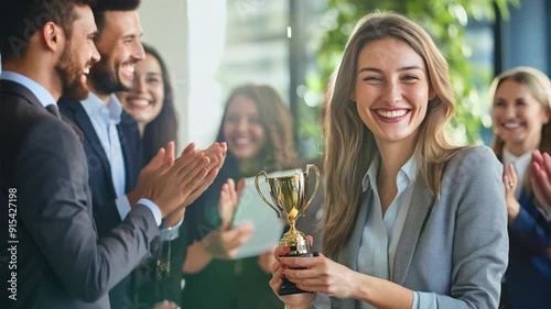 Happy winner businesswoman receives a business award and holding trophy with team of cheerful workers. Celebrating and congratulating their leader on great work success. Ai Footage. photo