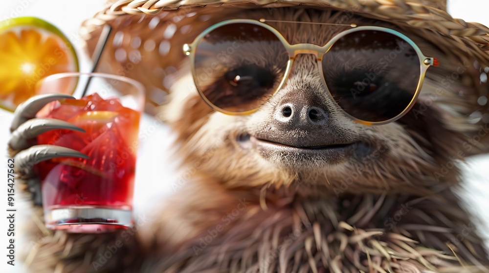 Obraz premium Happy and smiling sloth wearing summer hat and stylish sunglasses holding cocktail glass with delicious drink, isolated over white background.