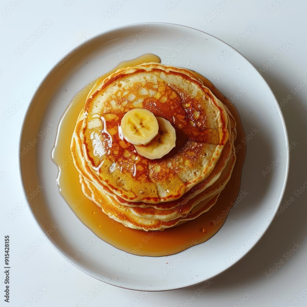 A stack of pancakes with a banana on top, served with syrup. A stack of pancakes with a banana on top, served with syrup.