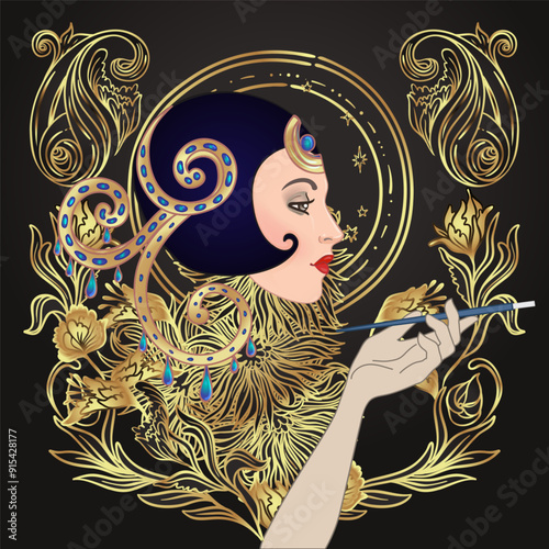 Art Deco vintage invitation template design with illustration of flapper girl. patterns and frames. Retro party background set 1920s style. Vector for glamour event, cabaret show, thematic wedding or