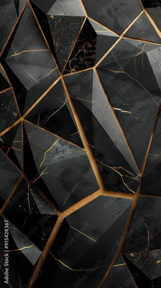 This image features a black and gold geometric art piece with broken glass elements that create a vi This image features a black and gold geometric art piece with broken glass elements that create a vi