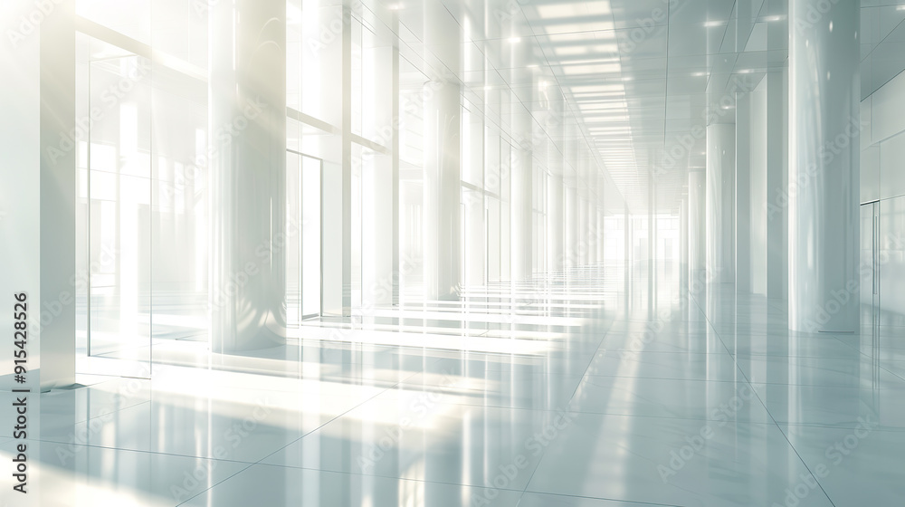 Sunlit Modern Hallway with White Walls and Columns. Sunlit Modern Hallway with White Walls and Columns.