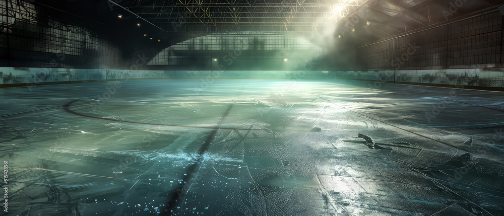 Fototapeta premium Professional ice rink sport arena.Hockey stadium with spotlights, steam. Ice textured background. Sport banner with copy space. Generative ai. 