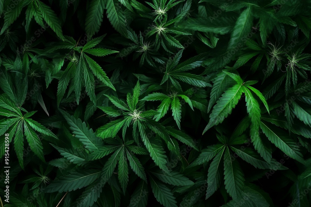 Lush Green Cannabis Leaves Create a Dense, Verdant Background, Ideal for Themes of Nature, Wellness, and Cannabis Culture Lush Green Cannabis Leaves Create a Dense, Verdant Background, Ideal for Themes of Nature, Wellness, and Cannabis Culture
