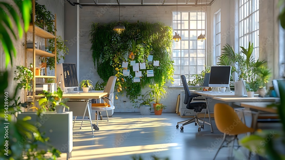 Naklejka premium Modern Office Interior Design with Green Wall and Natural Light - 3D Illustration