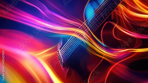Vibrant 3D music background with guitar strings and flowing colors, dynamic musical energy
