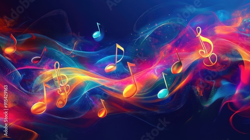 Vibrant 3D music background with treble clefs and swirling colors, artistic sound design