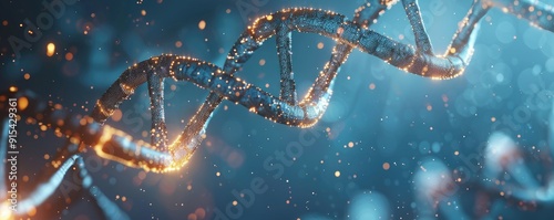 Rendering of a double helix DNA structure with glowing particles, shown in a close up shot against a blue background.