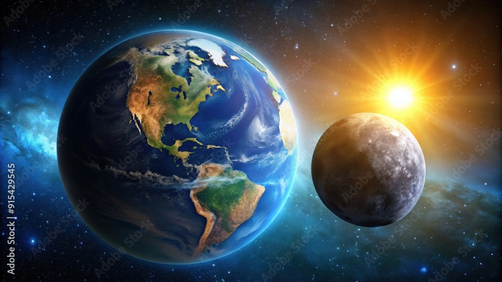 Planet Earth floating in space with the sun and moon visible, planet ...