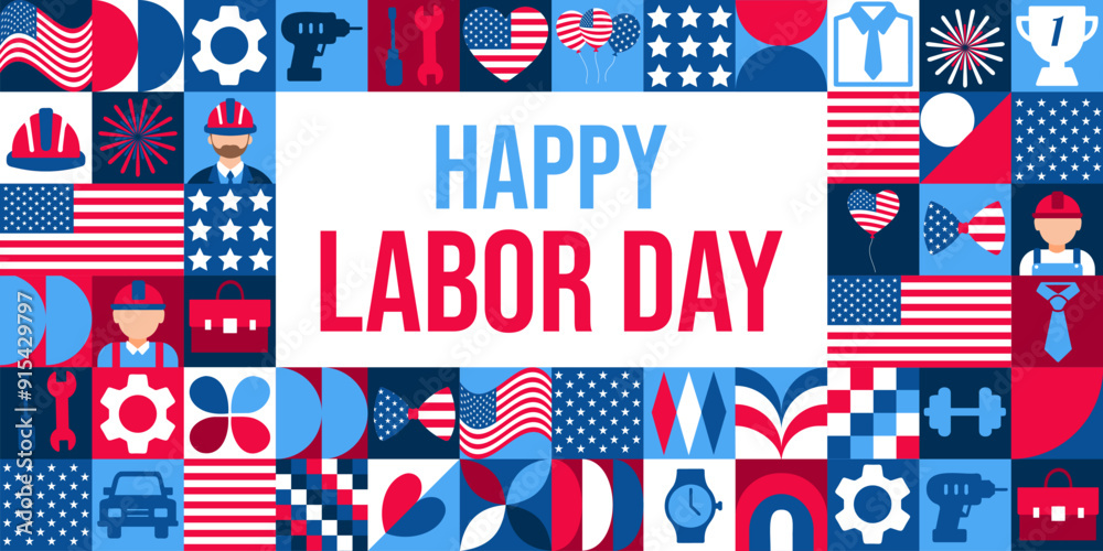 A colorful poster with a collage of images and the words Happy Labor Day. The poster is designed to celebrate the holiday and the hard work of laborers A colorful poster with a collage of images and the words Happy Labor Day. The poster is designed to celebrate the holiday and the hard work of laborers