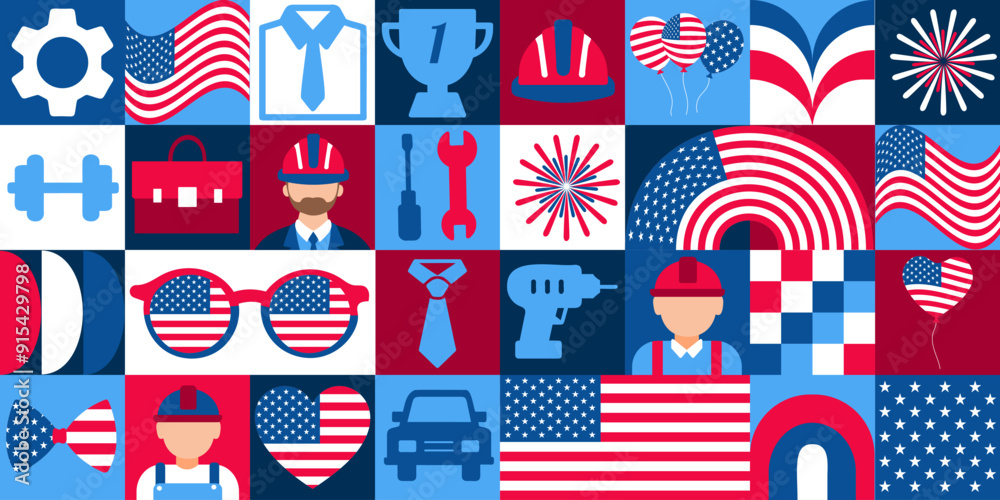 Obraz premium Happy Labor Day icons elements with geometric pattern.A colorful collage of American icons including a man in a tie, a car, a hammer, a wrench, a book, a baseball bat, a firework, a hammer, a wrench