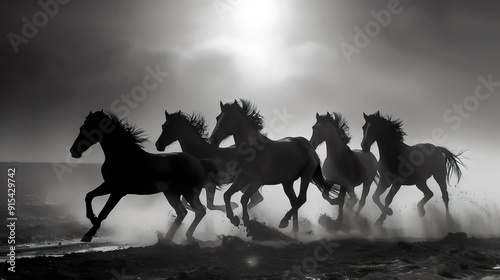 Black and White Image of a Herd of Horses Running