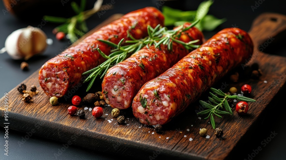 Close-up of three gourmet sausages garnished with rosemary and spices, displayed on a wooden board for rustic presentation. Close-up of three gourmet sausages garnished with rosemary and spices, displayed on a wooden board for rustic presentation.