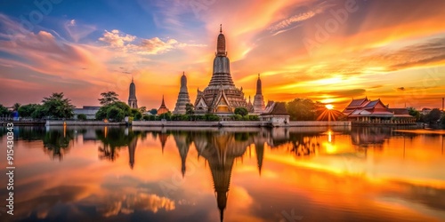 Wat Arun Temple shining in the sunset sky with beautiful reflections on the water, Bangkok, Thailand, landmark, temple