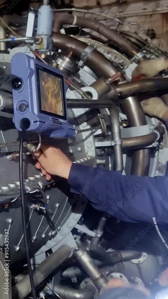 Turbine diagnostics using endoscope to examine internal bearings and seals. procedure, conducted by expert, helps in identifying issues could lead to mechanical failure if left untreated. Vertical