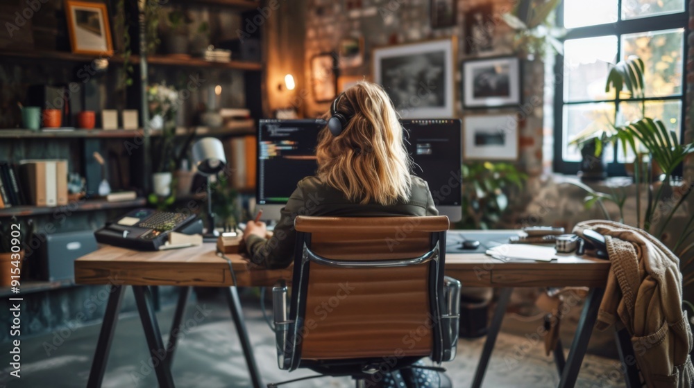 A Woman Concentrating on Coding at Her Desk in a Home Office A Woman Concentrating on Coding at Her Desk in a Home Office