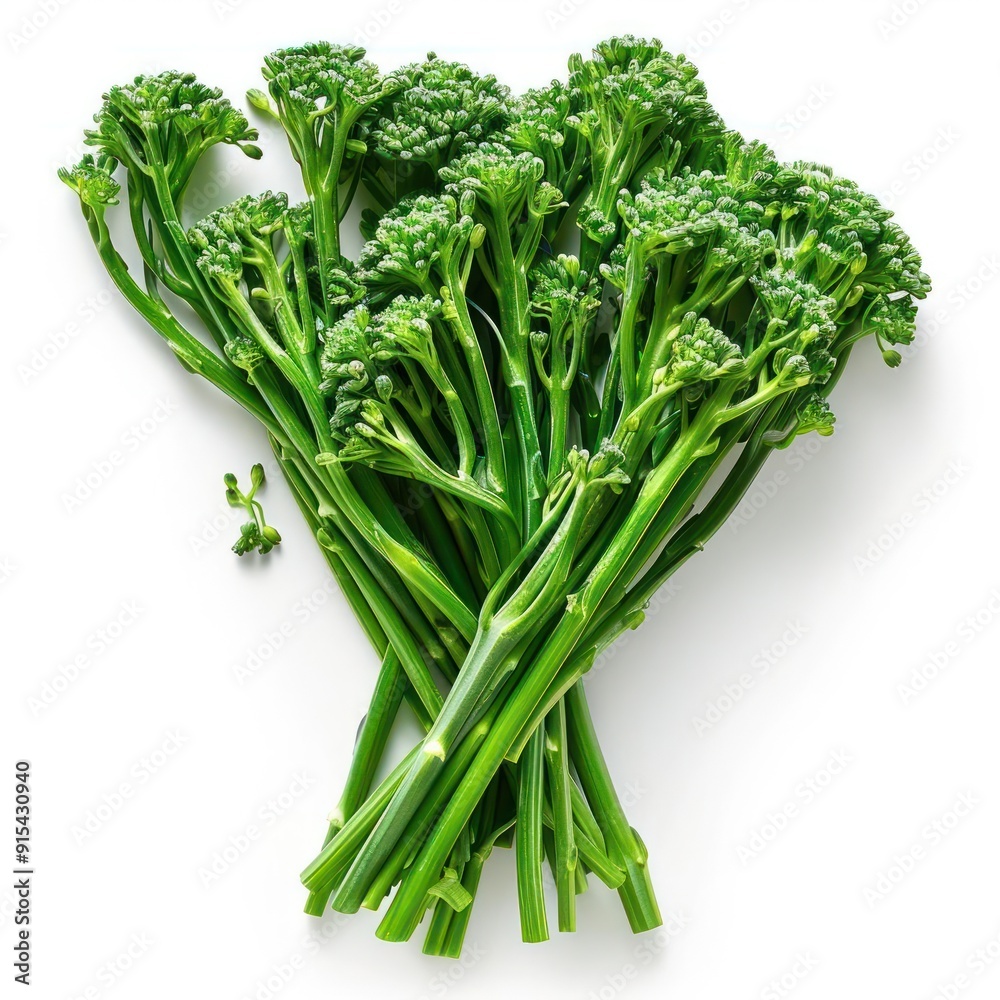 Fresh green broccoli florets in a close-up photograph on a white background. Fresh green broccoli florets in a close-up photograph on a white background.