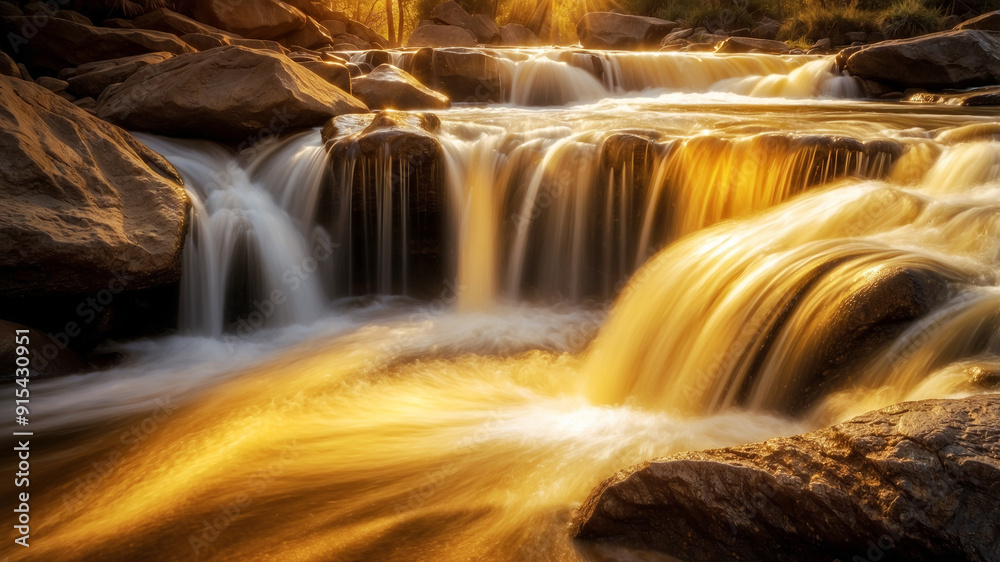 Obraz premium The beautiful river flows fast between the rocks, surrounded by forest, the afternoon sun turns the river into gold