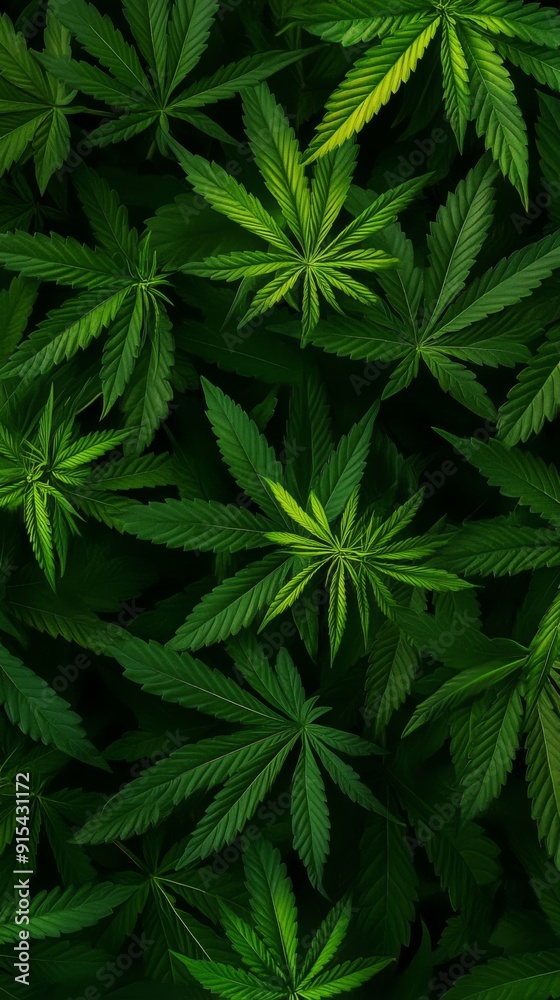 Lush Green Cannabis Leaves Create a Dense, Verdant Background, Ideal for Themes of Nature, Wellness, and Cannabis Culture