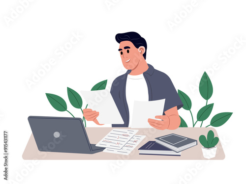 Hearing impaired man working with laptop at home or office. Happy hard of hearing student studying. Vector illustration.