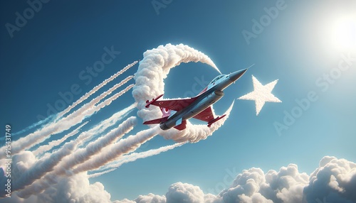 Turkish Airplane Flying in Sky with Cloud Shaped Like Turkish Flag - Celebration Theme