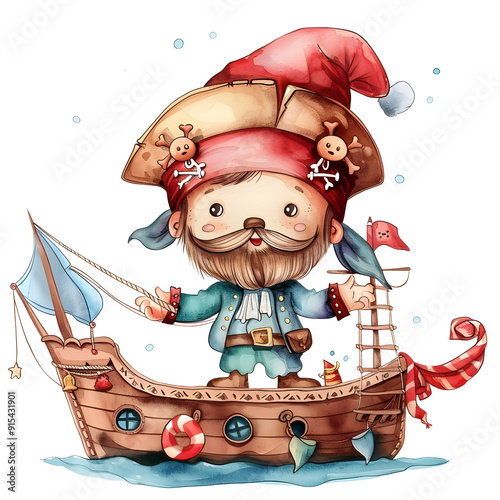 
a super cute cartoon pirate Wearing a santacaus costume sitting on the big Pirate Ship, full body, single object, watercolor illustration photo