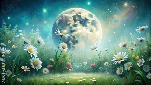 Fantasy fairy garden background with full moon and daisies flowers, watercolor , fantasy, fairy, garden, background