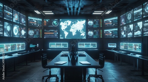Control room. Futuristic interior of a secret underground bunker.