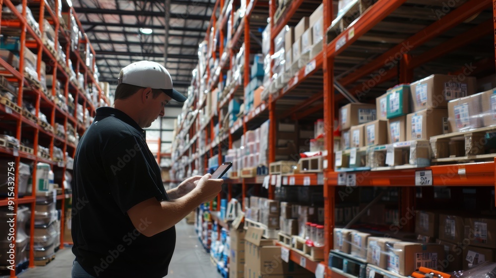 Fototapeta premium A man wearing a hat is checking inventory in a warehouse using a handheld scanner.