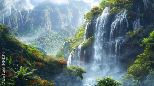 Majestic Waterfall in a Lush Tropical Valley