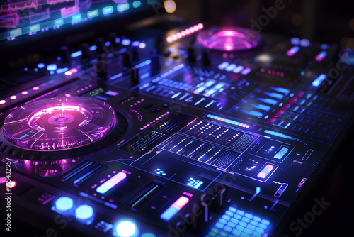Futuristisches holografisches DJ Pult mit leuchtenden Effekten und modernem Interface