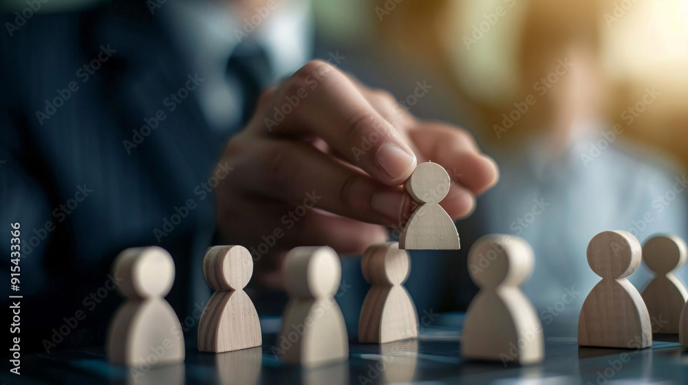 Businessman Selecting Wooden Figure in HR Concept Businessman Selecting Wooden Figure in HR Concept