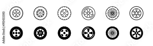 Car wheel icon set. Line and glyph tire icon. Auto tire collection. Car tyre set