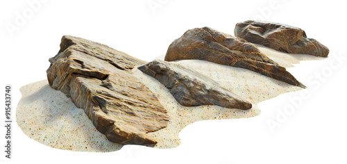 Natural rock formation along sandy beach under bright daylight, cut out