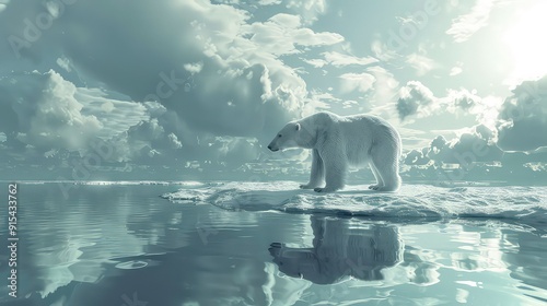 A polar bear stands on a small iceberg in a vast, cold arctic sea, reflecting on the challenges of climate change.