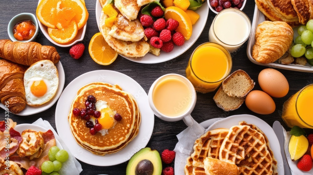 A variety of breakfast dishes including eggs, bacon, croissants, waffles, and fruit arranged on white plates over a dark wooden table A variety of breakfast dishes including eggs, bacon, croissants, waffles, and fruit arranged on white plates over a dark wooden table