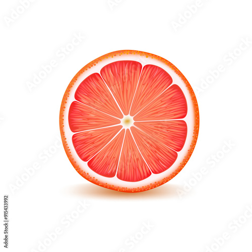 Slice of juicy ripe realistic grapefruit, on white background.