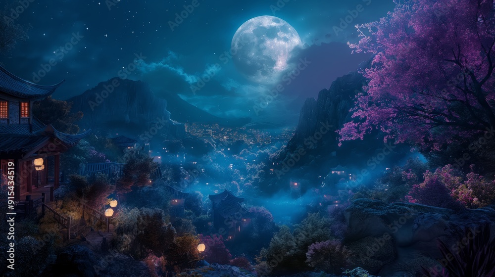 Fototapeta premium A beautiful night sky with a large moon and a small house in the background. The scene is peaceful and serene, with the moon casting a soft glow on the landscape