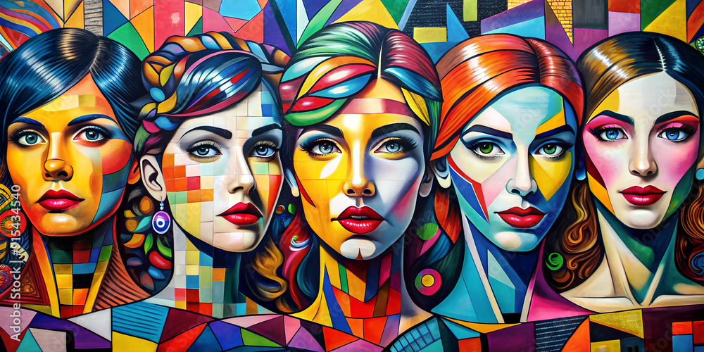 Obraz premium horizontal panorama with colorful graffiti women in cubism and pop art style