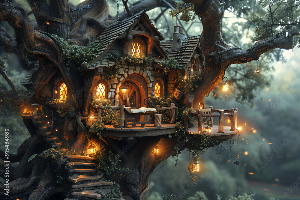 Obraz premium A whimsical fairy house nestled in the woods, adorned with twinkling lights, creating a magical atmosphere.